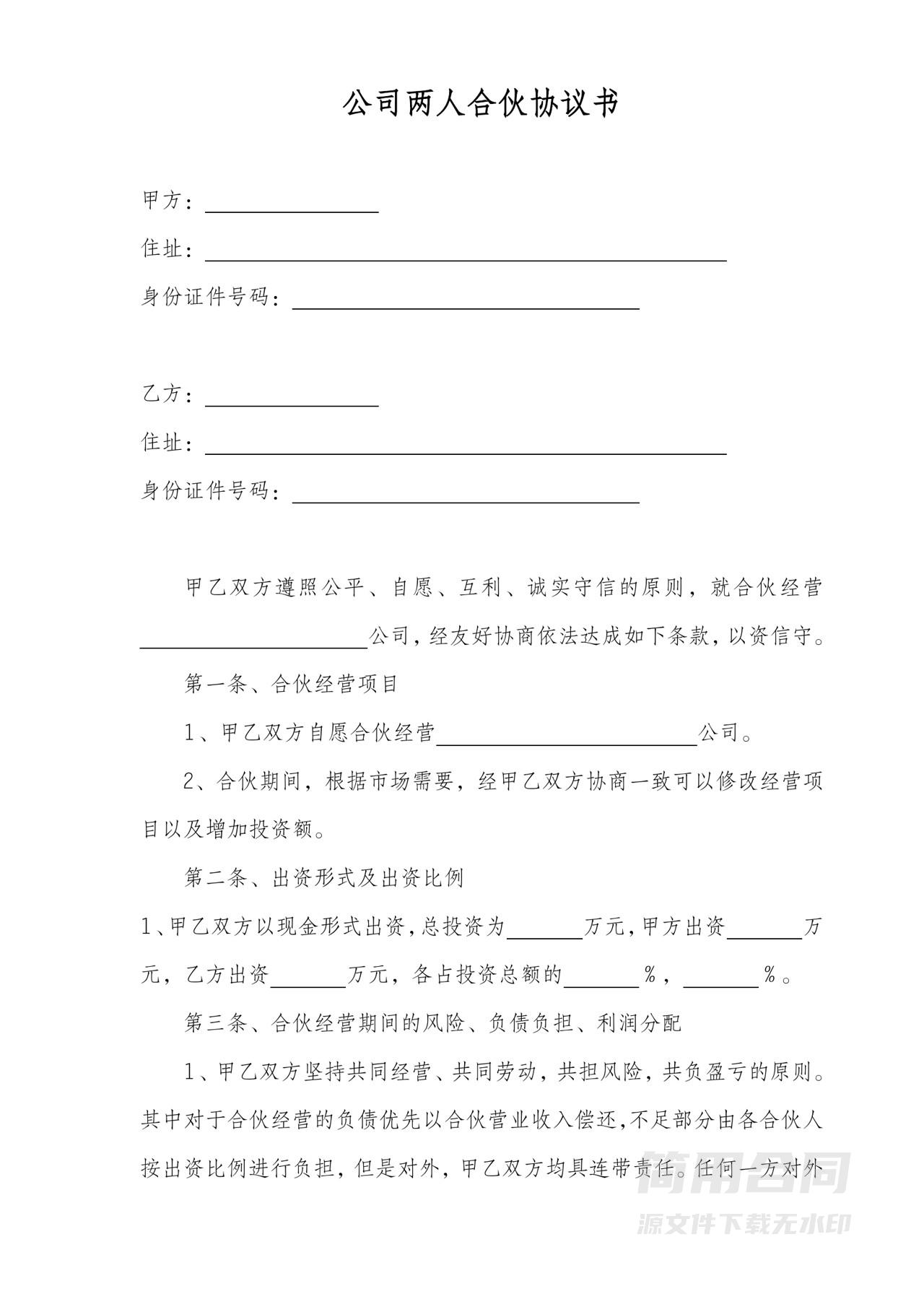 公司两人合伙协议书